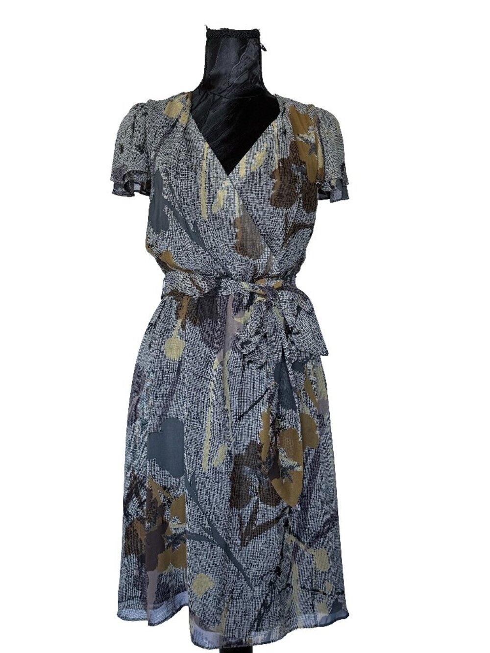 Anthropologie Maeve Abstract Floral Grid Faux Wrap Midi Dress Chiffon Size 0
